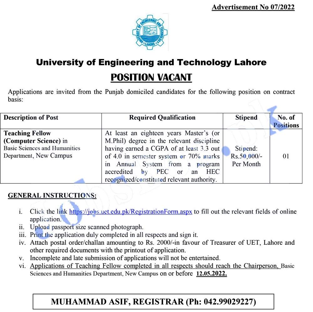 University of Engineering and Technology UET Lahore Jobs Latest  2022