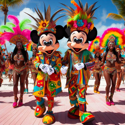 Junkanoo Mickey and Minnie dancing with Junkooers on tropic Bahamas cay.