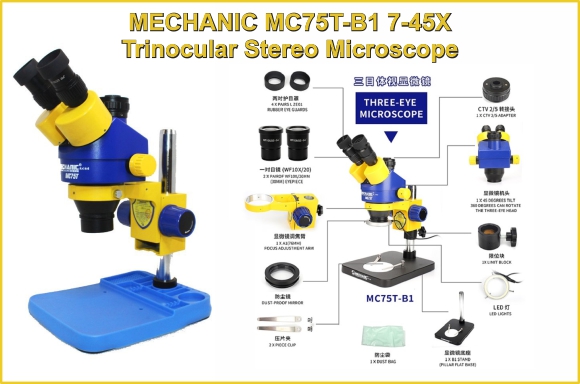 MECHANIC MC75T-B1 7-45X Trinocular Stereo Microscope