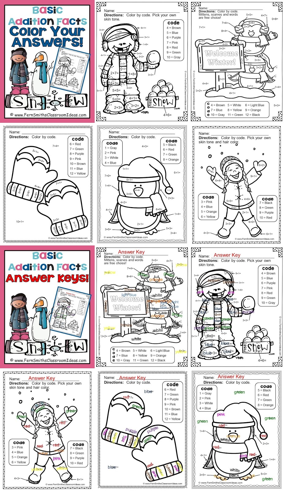 Winter Fun! Basic Addition Facts - Color Your Answers Printables