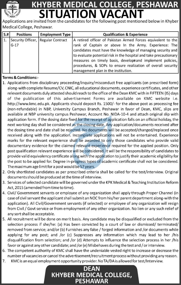 Latest Khyber Medical College Security Posts Peshawar 2023