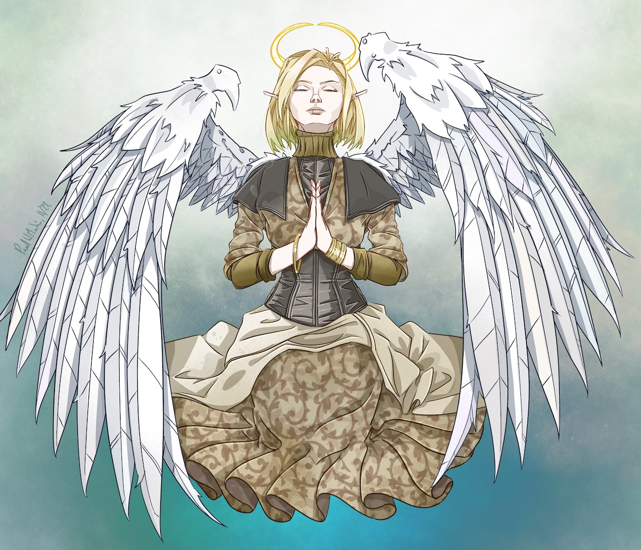 A golden-haired angel knelt in prayer, framed on both sides by large white feathered wings. A crescent gold halo floats above her head. She is dressed in a long thorn-patterned copper-and-beige dress with a dark grey corset. She had golden bracelets and bangles adorning her wrists.