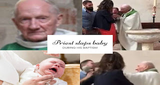 Father Jacques Lacroix was seen hitting the baby boy after he cried in church, His relatives looked shocked and had to wrestle the child from the prie