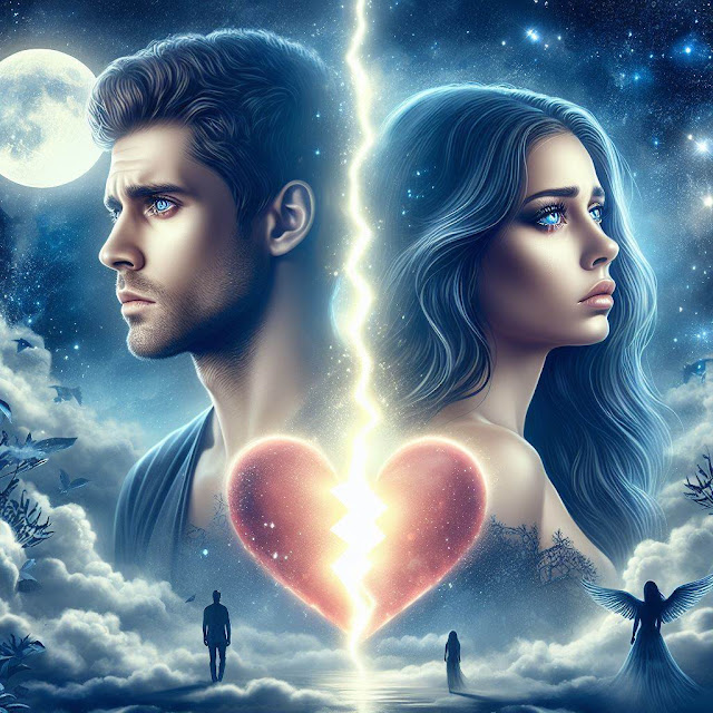 Lovers in sorrow, pain, separation, looking apart and heart broken, with a night background with moon, clouds and stars that twinkle