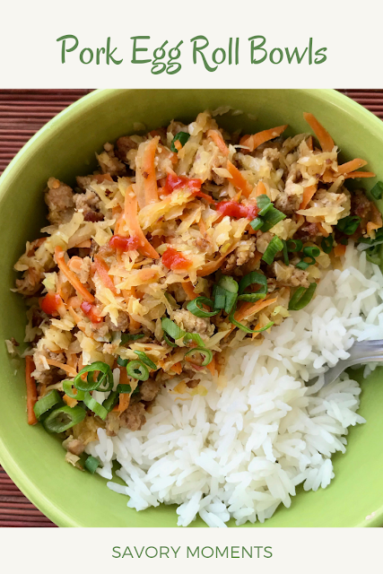 Close-up of a finished pork egg roll bowl.