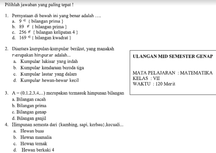 Contoh Soal Uts Matematika Kls 7 Smp Mts Semester 2 Kisi Kisi Un