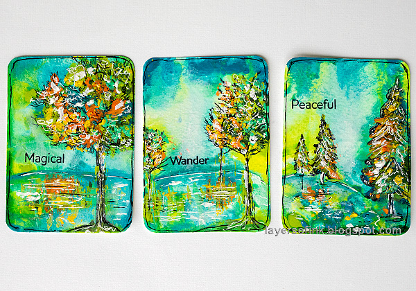 Layers of ink - Three Tree Artist Trading Cards Mixed Media Tutorial by Anna-Karin Evaldsson. With Simon Says Stamp All Seasons Tree and Forest Scenery stamp sets.