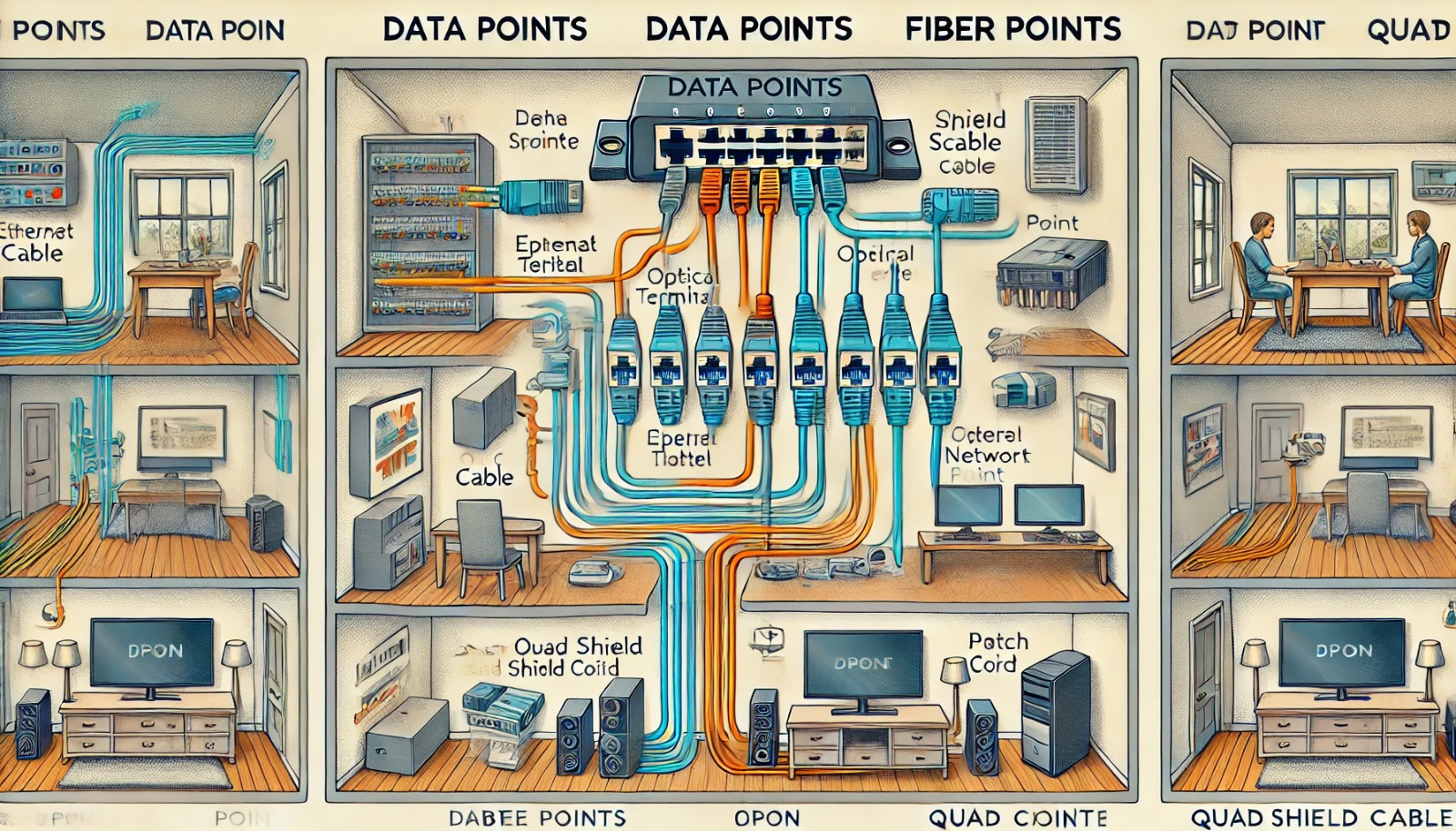 Differences between Data Points, Fiber Points (GPON), and Quad Shield Cables
