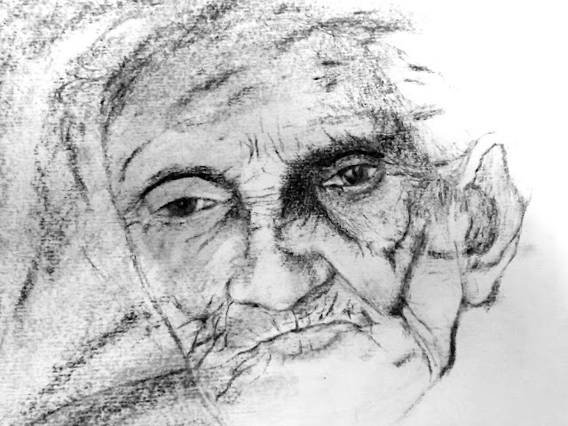 Charcoal art Solitude Old woman Old age