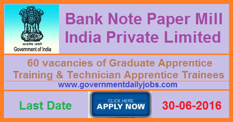 GRADUATE/TECHNICIAN APPRENTICE IN BANK NOTE PAPER MILL RECRUITMENT 2016