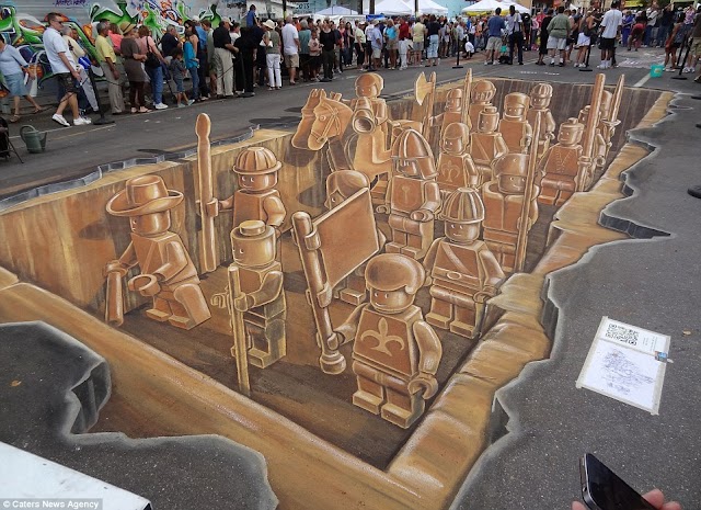 LEGO terracotta warriors in 3D painted on the streets
