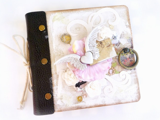 Canvas Album Embellished with Art Mediums Resin Flowers and Resist Canvas Shapes with Leather Binding and Bronze Knob