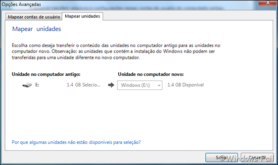 Especifique como deseja transferir contas de usuário e conteúdo das unidades do computador antigo para o computador novo, clicando em Configurações Avançadas, na tela Escolha o que vai transferir para este computador