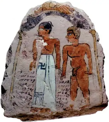 Nubian (Meroitic kingdom) painting of a woman wearing a white cloth with a large black swastika.