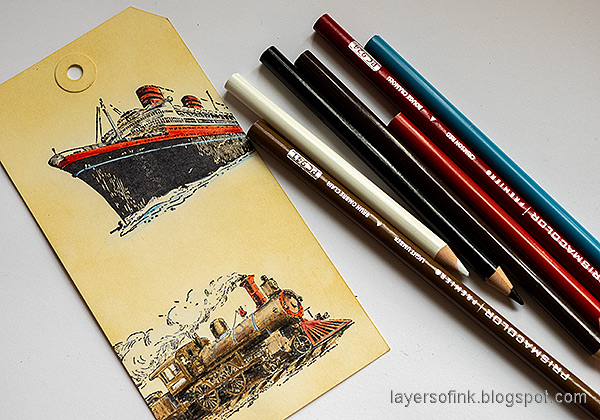 Layers of ink - Vintage Vehicles Tag Tutorial by Anna-Karin Evaldsson. Color with Prismacolor pencils.