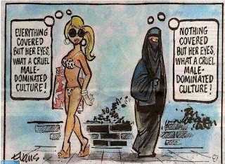 bikini-and-sun-glasses- and burqa-clad women pass each other, thinking 'everything's covered but her eyes/nothing's covered but her eyes: what a cruel male-dominated culture!'