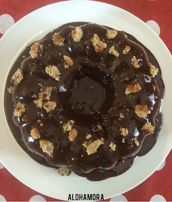 Chocolate Birthday Cookies in my Cake cake.  This soft and moist cake has soft chewy cookies, that are almost cookie dough like but they are cooked inside and throughout the cake.  This cake was my toddler, 3 year old, son's requested birthday cake.  I'm sure glad he came up with a tasty one.  Alohamora Open a Book http://www.alohamoraopenabook.blogspot.com/ easily gluten free Check out the cookie dough piece in the cake; it is barely visable under the ganache. 