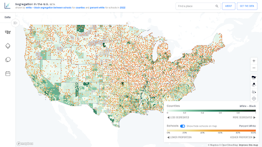 US map with counties colored to show the levels of school segregation