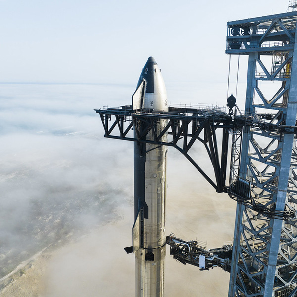 SpaceX's Starship Super Heavy rocket stands tall on its Orbital Launch Mount at Starbase, Texas...on January 9, 2023.