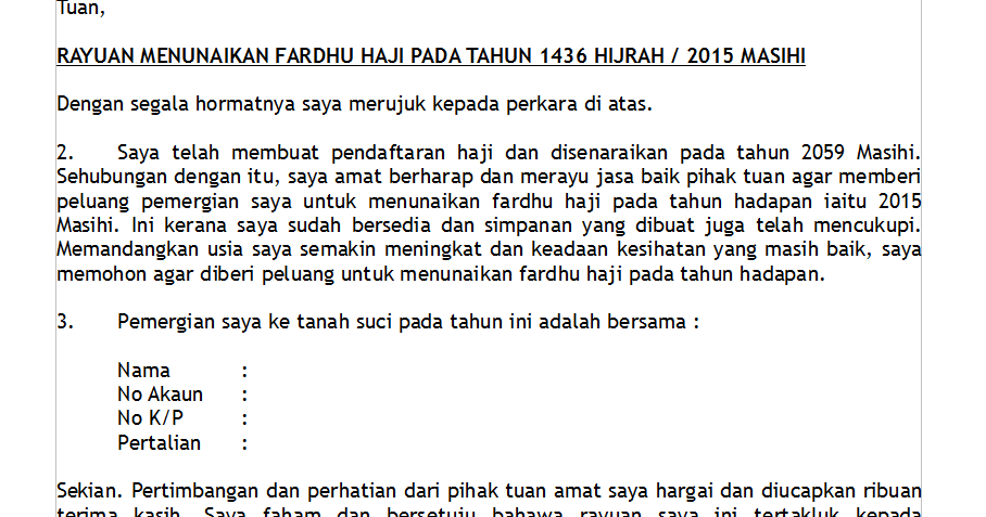 Surat Rayuan Untuk Menunaikan Haji - Malacca q