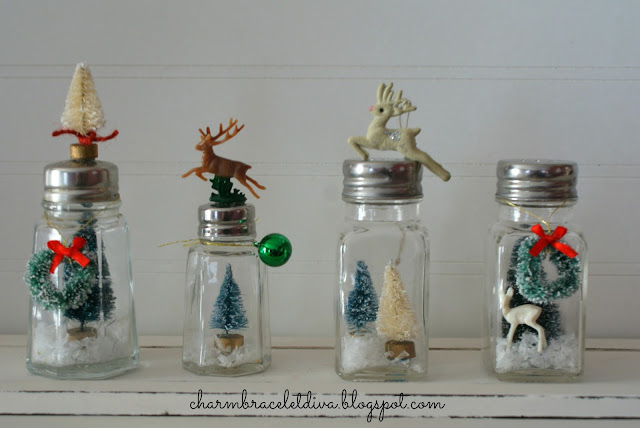 DIY vintage salt and pepper shaker snow globes bottle brush tree reindeer faux snow