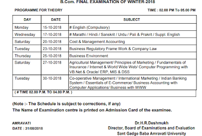 SGBAU B.Com. FINAL – III Time Table Exam Winter 2018