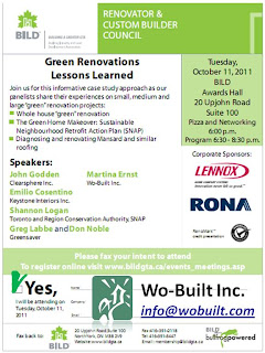 Green Renovations Lessons Learned BILD GTA Toronto event with Wo-Built, October 11, 2011