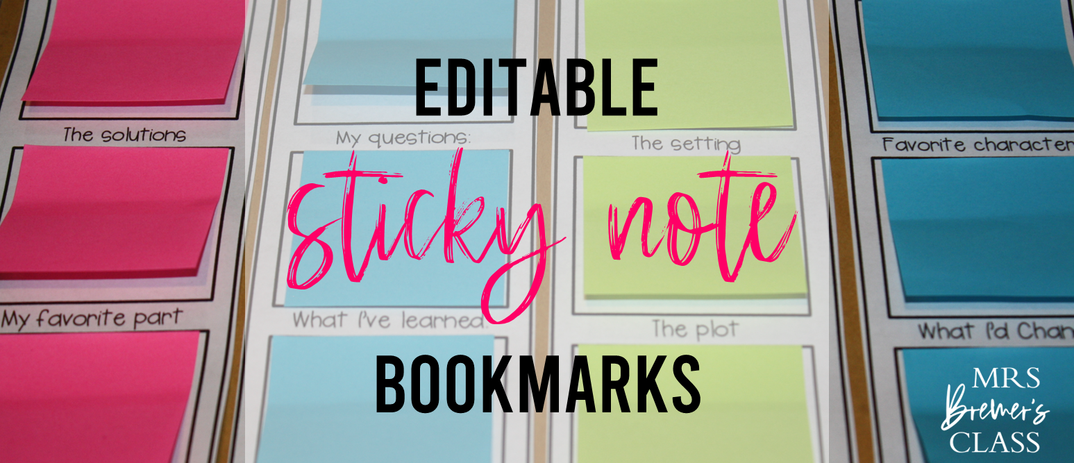 Sticky Note Bookmarks students use to take notes during reading with editable options for Kindergarten First Grade and Second Grade