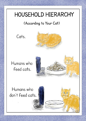 Cartoon card is a diagram which puts cats at the top of the hierachy, next comes humans who feed cats, humans in the househod who don't feed cats are on the bottom, accompanied by a grumpy cat.