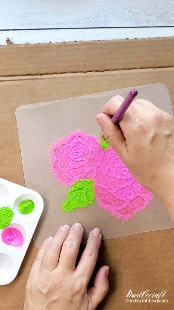 Repeat for the green paint.   Work carefully where the pink and green are close together, so they don't mix together.