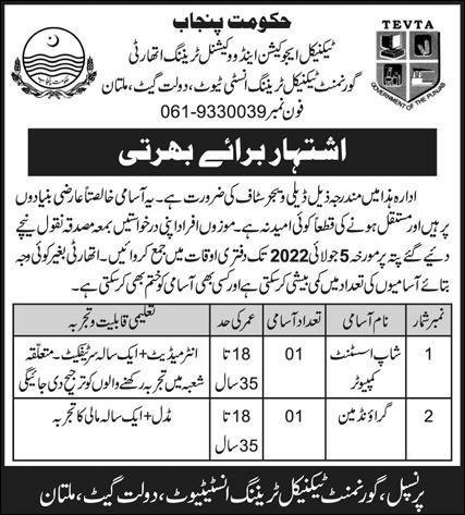 Latest Government Technical Training Institute Management Posts Multan 2022