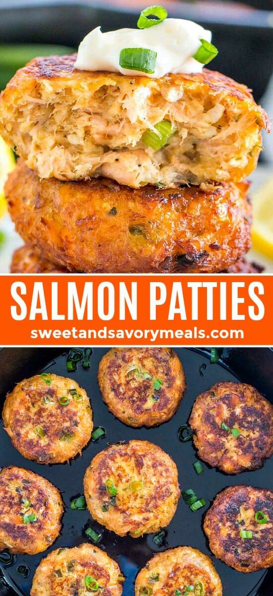 Salmon Patties are delicious and flavorful, made with cooked salmon, panko bread crumbs, and spiked with fresh green onions, lemon and paprika. #salmon #salmonpatties #fishrecipe #salmonrecipe #easyrecipe #dinnerrecipe #sweetandsavorymeals #healthyrecipe