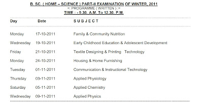 B. SC. ( HOME – SCIENCE ) PART-II Winter 2011 Nagpur University Time table, B.Sc. Part 2