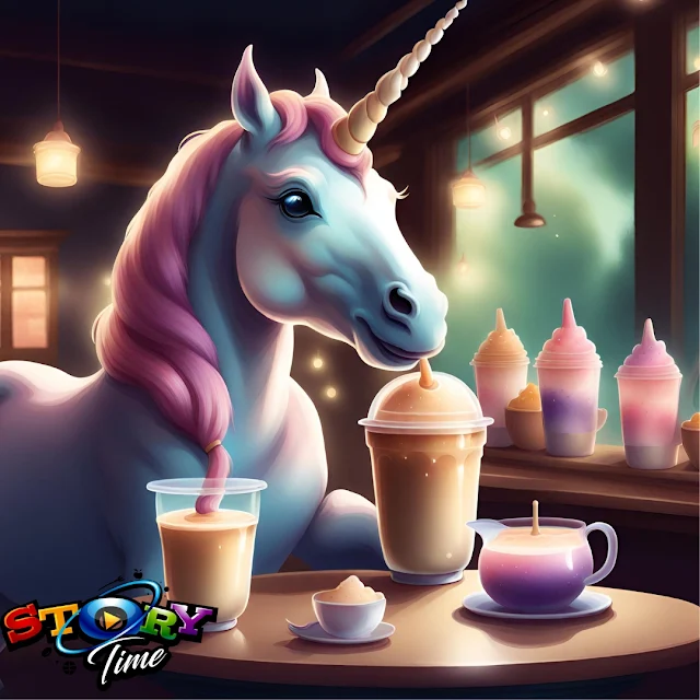 "Story Time unicorn drinking boba and milk tea in Suriname"