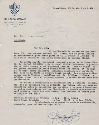 Carta del Club de Ajedrez Granollers a Ángel Ribera en 1964