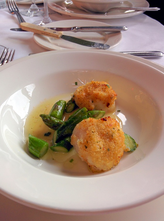 Parmeson Crusted Scallop with Asparagus Ragout and Lemon Beurre Blanc