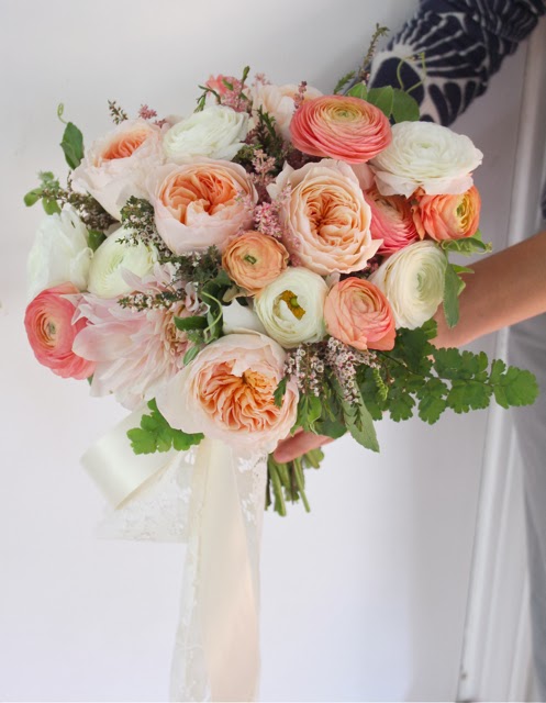 rustic blush brides bouquet for dearborn inn detroit wedding by sweet pea floral design ranunculus garden rose passionflower vine astilbe maidenhair fern peach coral blush ivory lace mercury glass dearborn inn