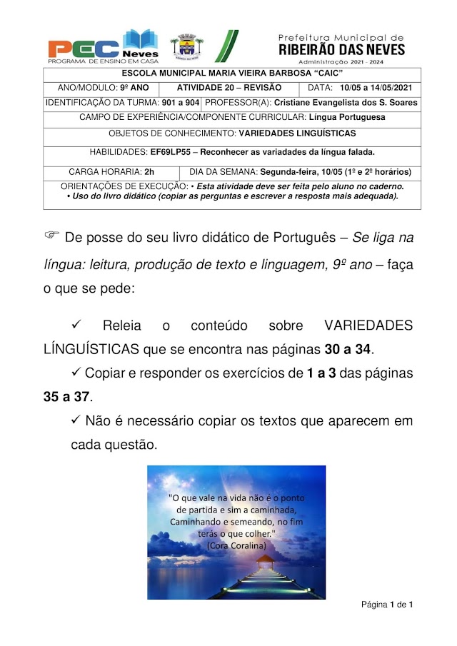 LÍNGUA PORTUGUESA - ATIVIDADES 20 e 21 - REVISÃO - 901 A 904 (10 a 14/05/2021)