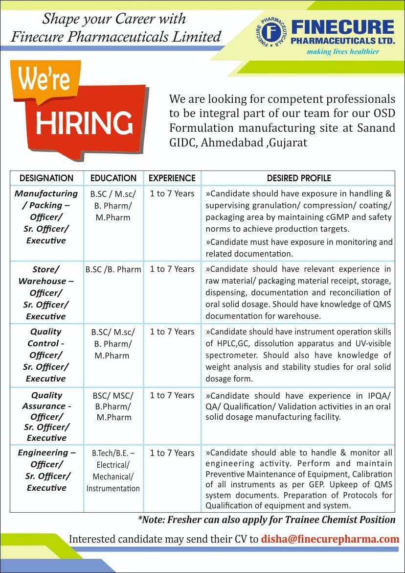 Job Availables, Finecure Pharmaceuticals Ltd Job Opening For Msc / Bsc/ M. Pharma/ B.Pharma In Multiple Department