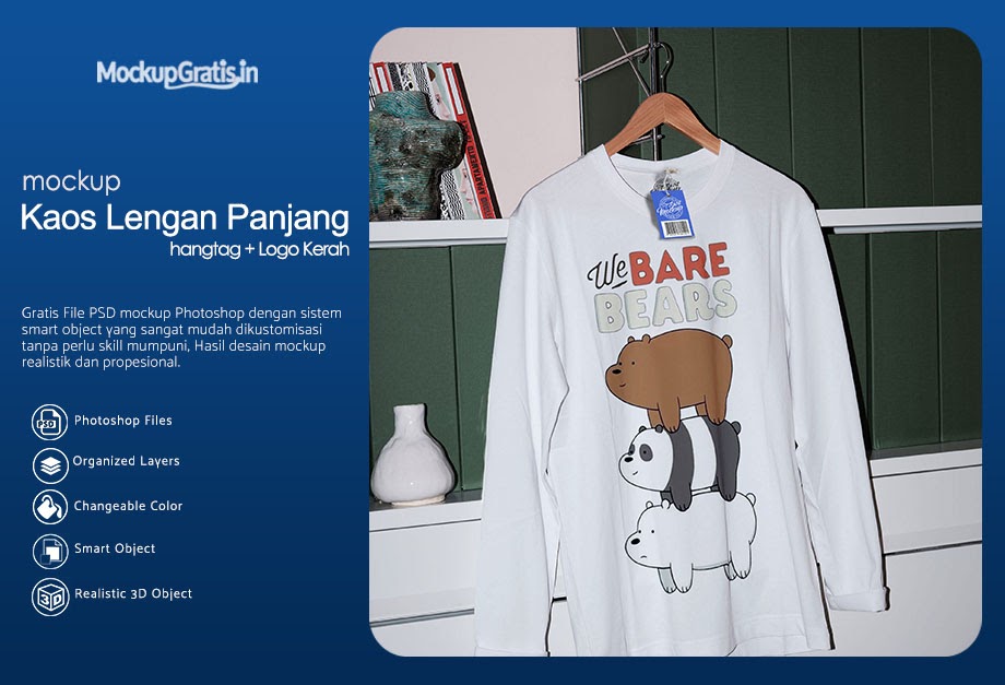 Download Mockup Kaos Lengan Panjang dengan Hangtag dan Logo Kerah