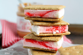 Two childhood favorites- peanut butter & jelly and ice cream sandwiches- come together in these easy to make 3 Ingredient PB&J Ice Cream Sandwiches.