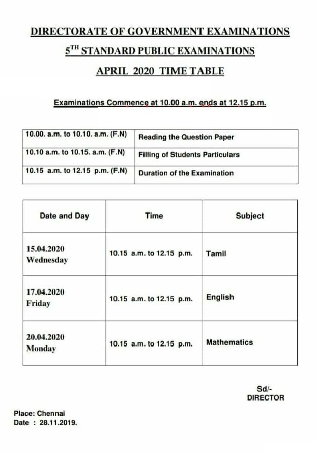 5th 8th Standard Public Exam 2020 Time Table Download