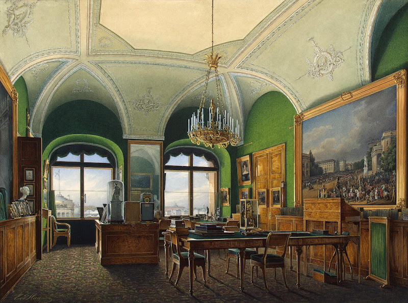 Interiors of the Winter Palace. The Large Study of Emperor Nicholas I by Edward Petrovich Hau - Interiors, Architecture Drawings from Hermitage Museum