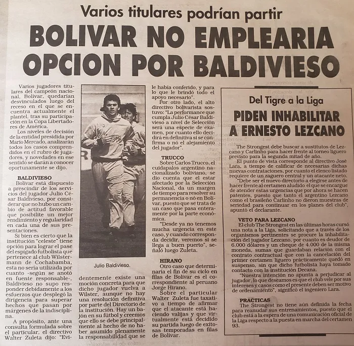 Noticia de 1993: Bolivar No Emplearia Opción por Baldivieso