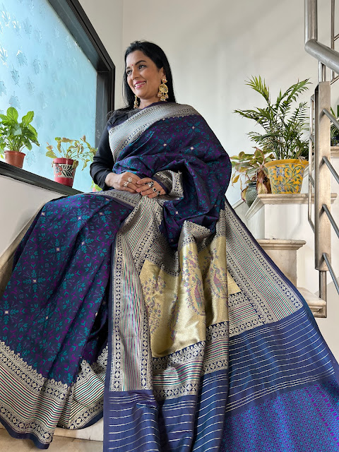 Blue mushroo silk saree