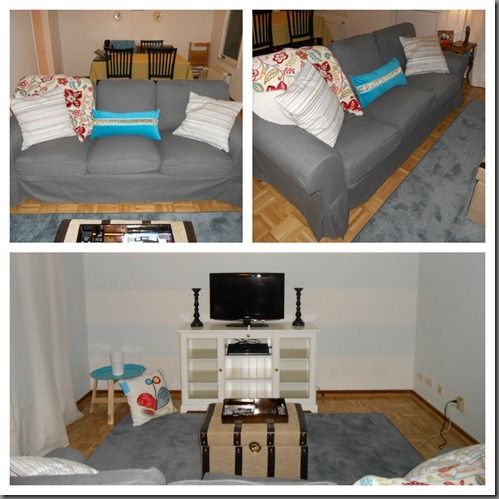 couch, pillows, TV stand, small blue table