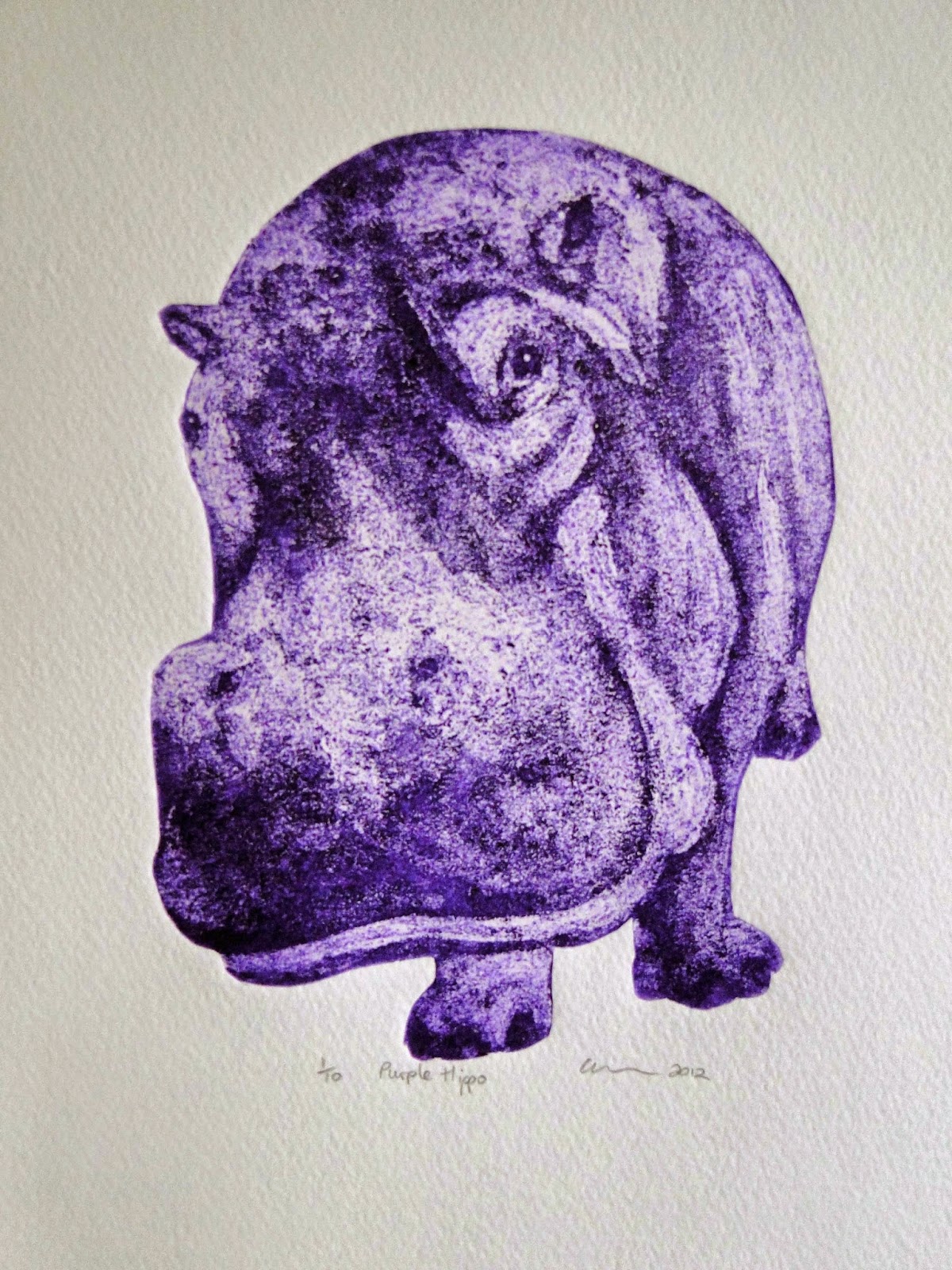 Purple Hippo Collagraph Print