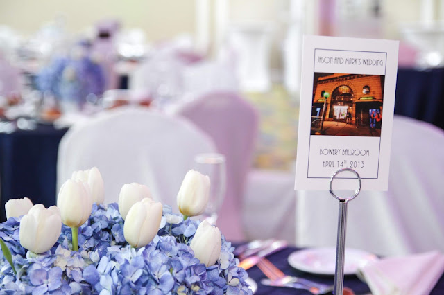 same sex wedding, centerpiece, blue hydrangea and white tulips