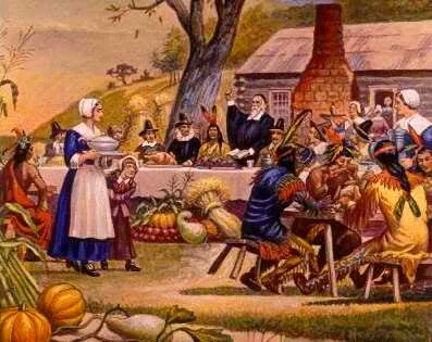 Old color image of people celebrating thanksgiving together