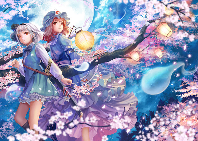    Girl Anime katana konpaku youmu full moon petals saigyouji yuyuko siro sword touhou weapon Anime HD Wallpaper Backgrounds Image Photo Picture d30.